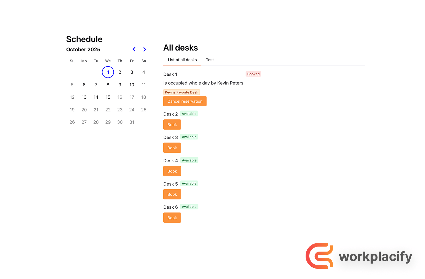 A screenshot of the Workplacify desk booking schedule page
