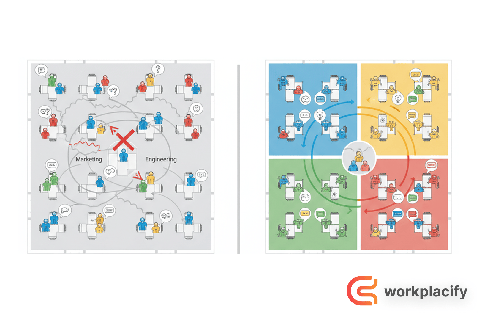 A diagram illustrating how managing hot desks with team neighborhoods solves collaboration problems compared to random seating.